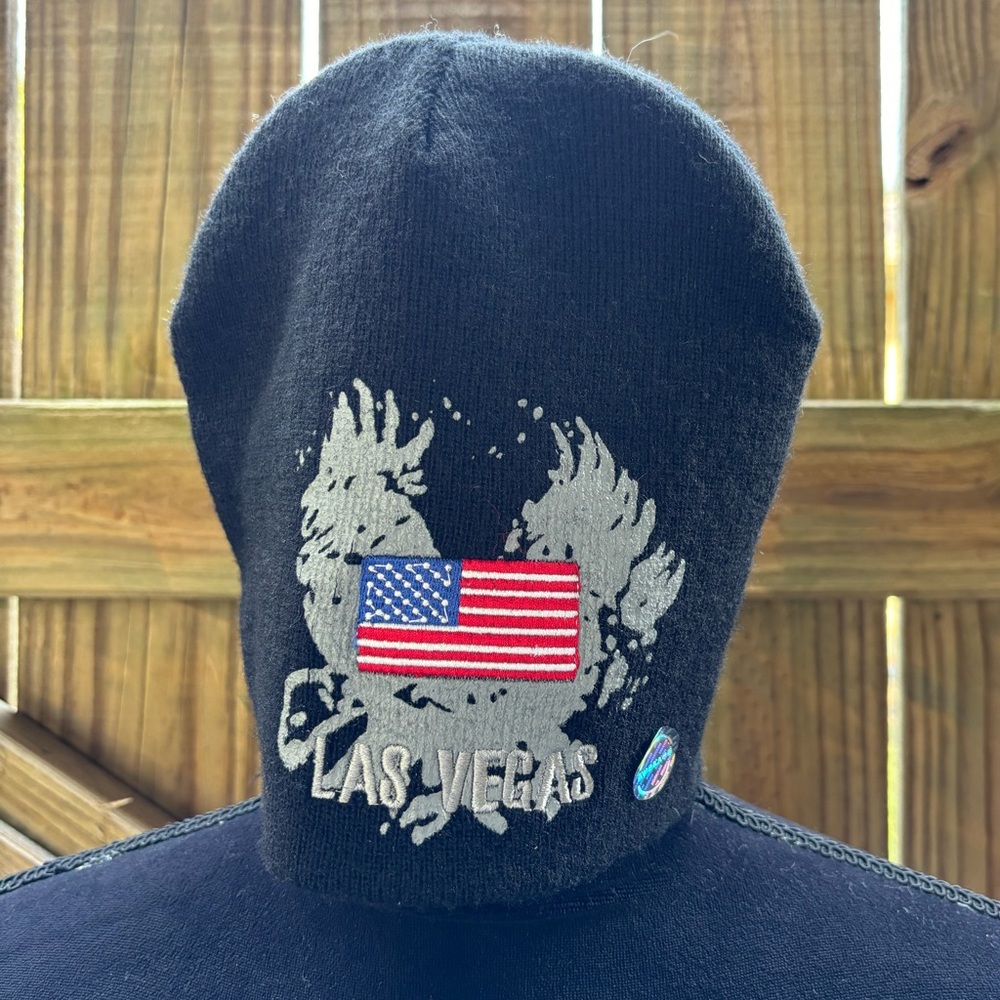 Koskash Las Vegas Black Knit Beanie Winter Hat with American Flag
